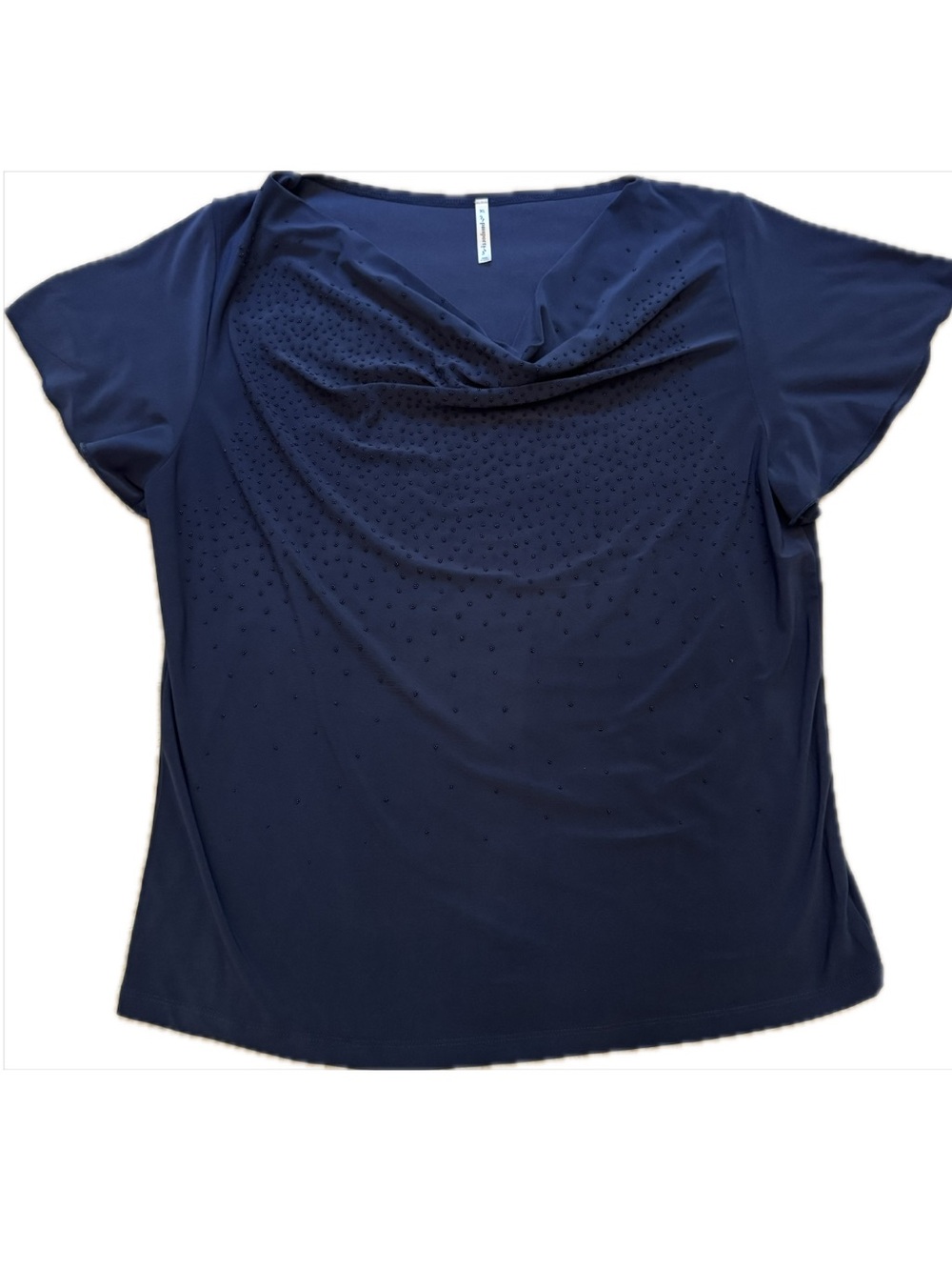 Passport Navy Beaded Cowl Neck Short Sleeve Blouse